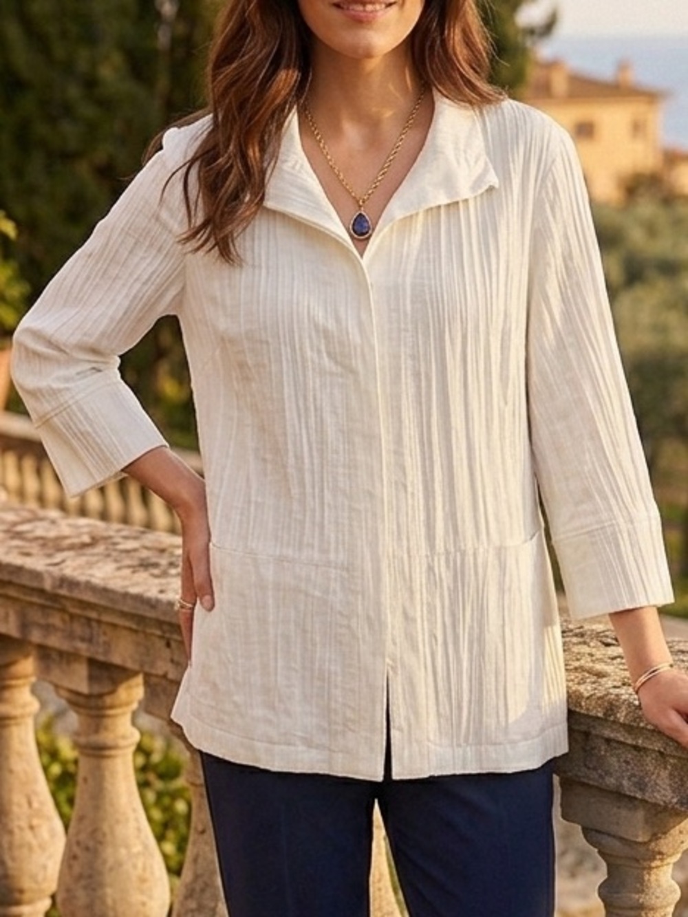 Coldwater Creek Cream Button-Front Textured Top